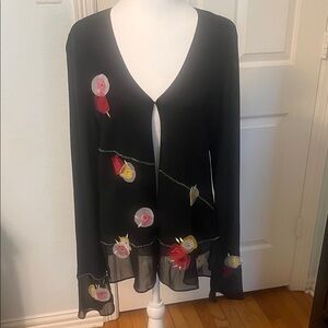 Sheer Black Cardigan with Floral Accents